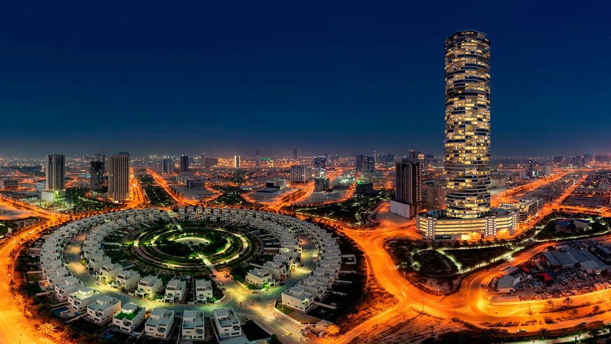 Jumeirah Village Circle skyline and residential towers